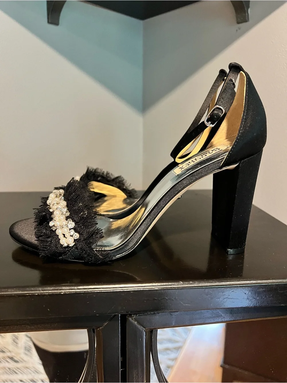 Badgley Mischka Fleur Pearl-Trim Fringe Sandals
